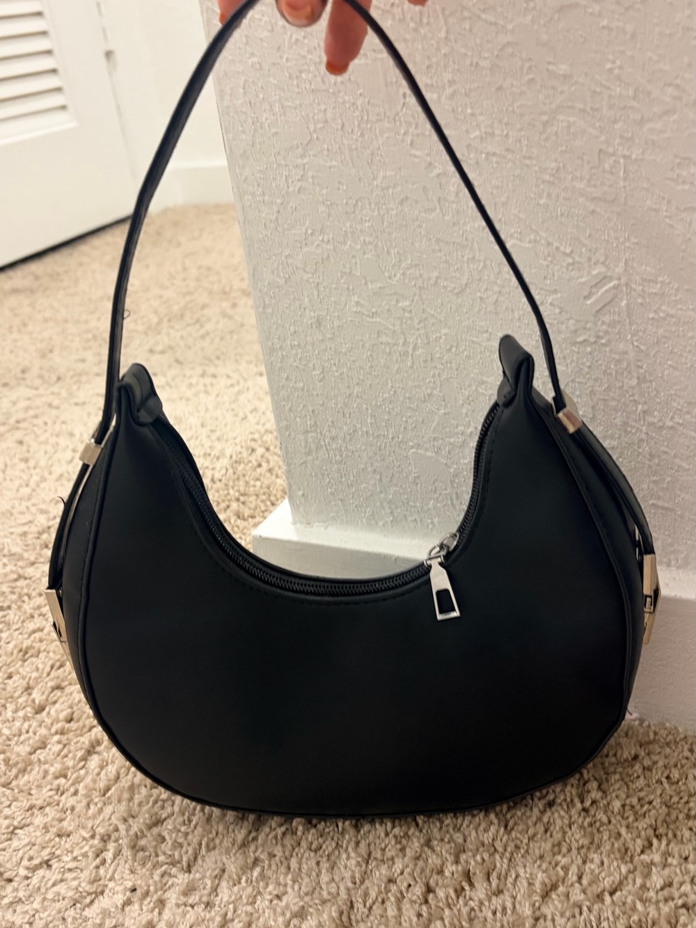 SHEIN Black Crescent Shoulder Bag with Silver Accents